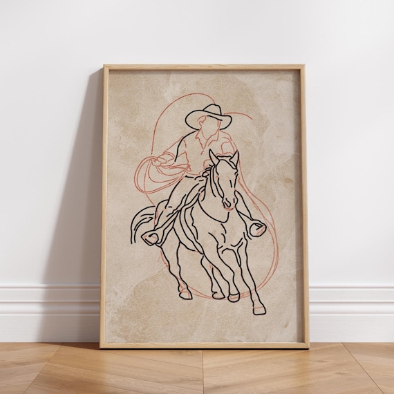 Minimalist Cowboy on Horseback Lasso Terracotta Line Poster Decor
