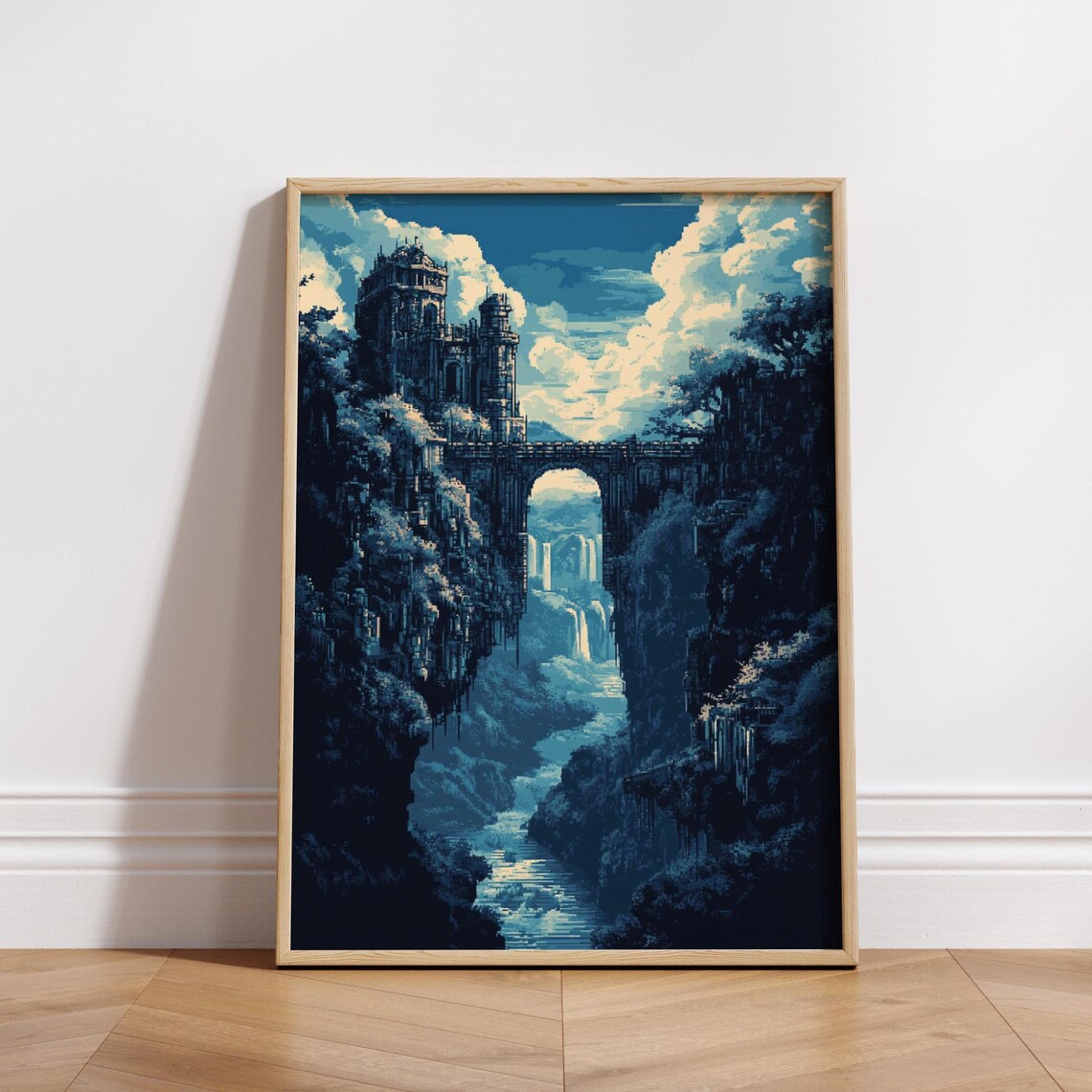 8Bit Fantasy Bridge Castle, Pixel Art Landscape