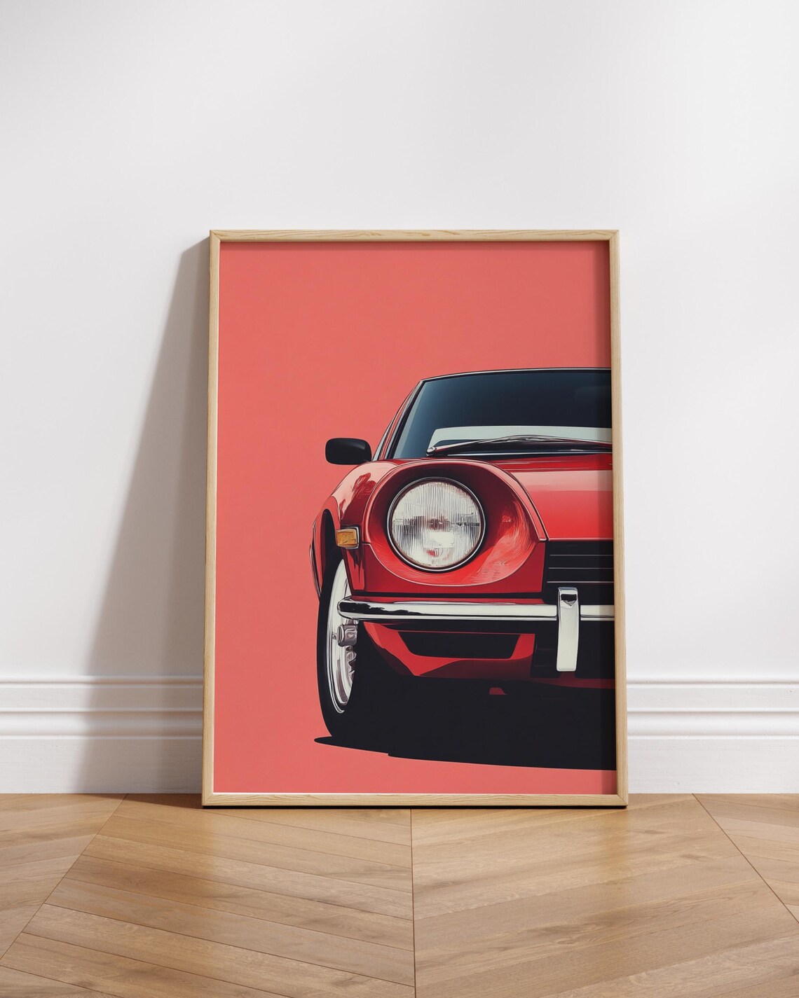 Red Classic Sports Coupe Pop Art Portrait On Coral Background Poster