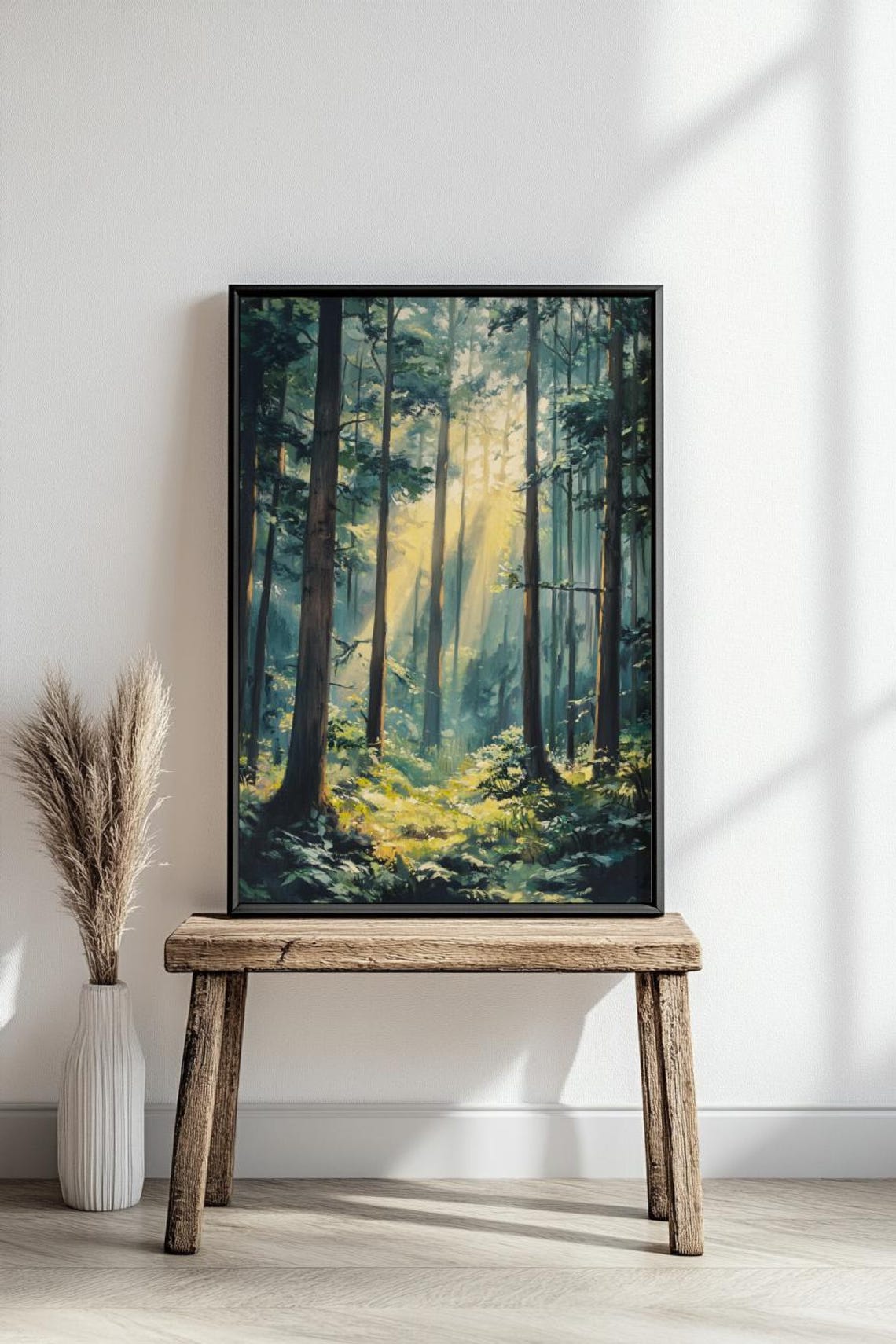 Sunbeams Filtering Through Tall Serene Forest Painterly Art Poster - Image 3