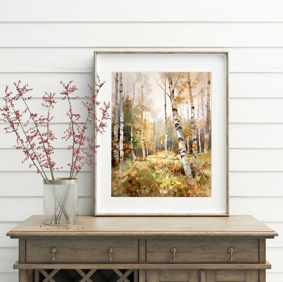 Birch Grove Autumn Trees Golden Meadow Fall Foliage Watercolor Poster - Image 2