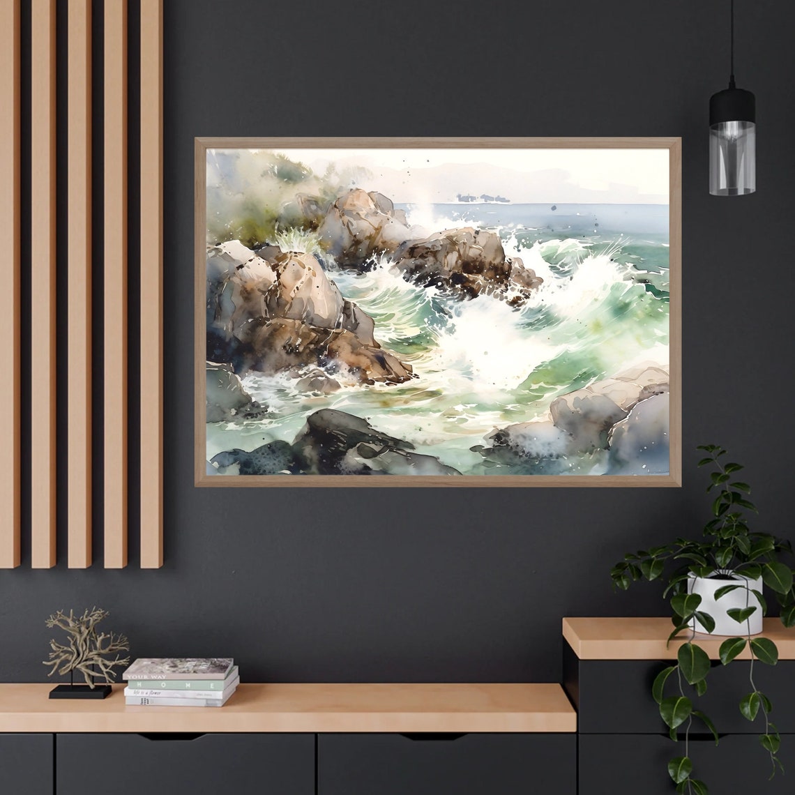 Crashing Waves Watercolor with Rocky Shore and Sea Foam Poster - Image 2