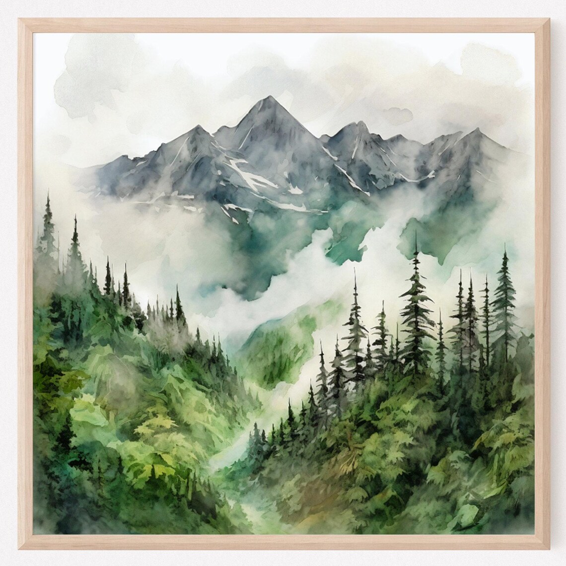 Misty Mountain Landscape Watercolor Art Print