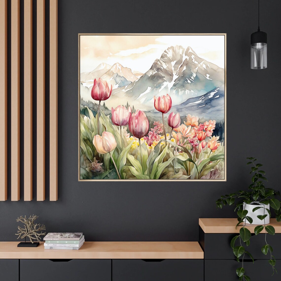 Tulips Flower Mountain Landscape Watercolor Art Print - Image 2