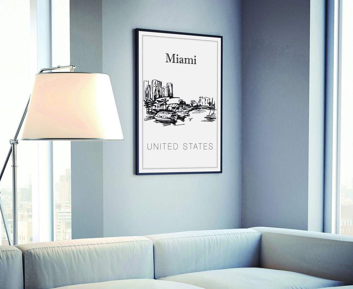 Miami Florida Waterfront Boats Skyline Hand Drawn Line Art Poster - Image 4