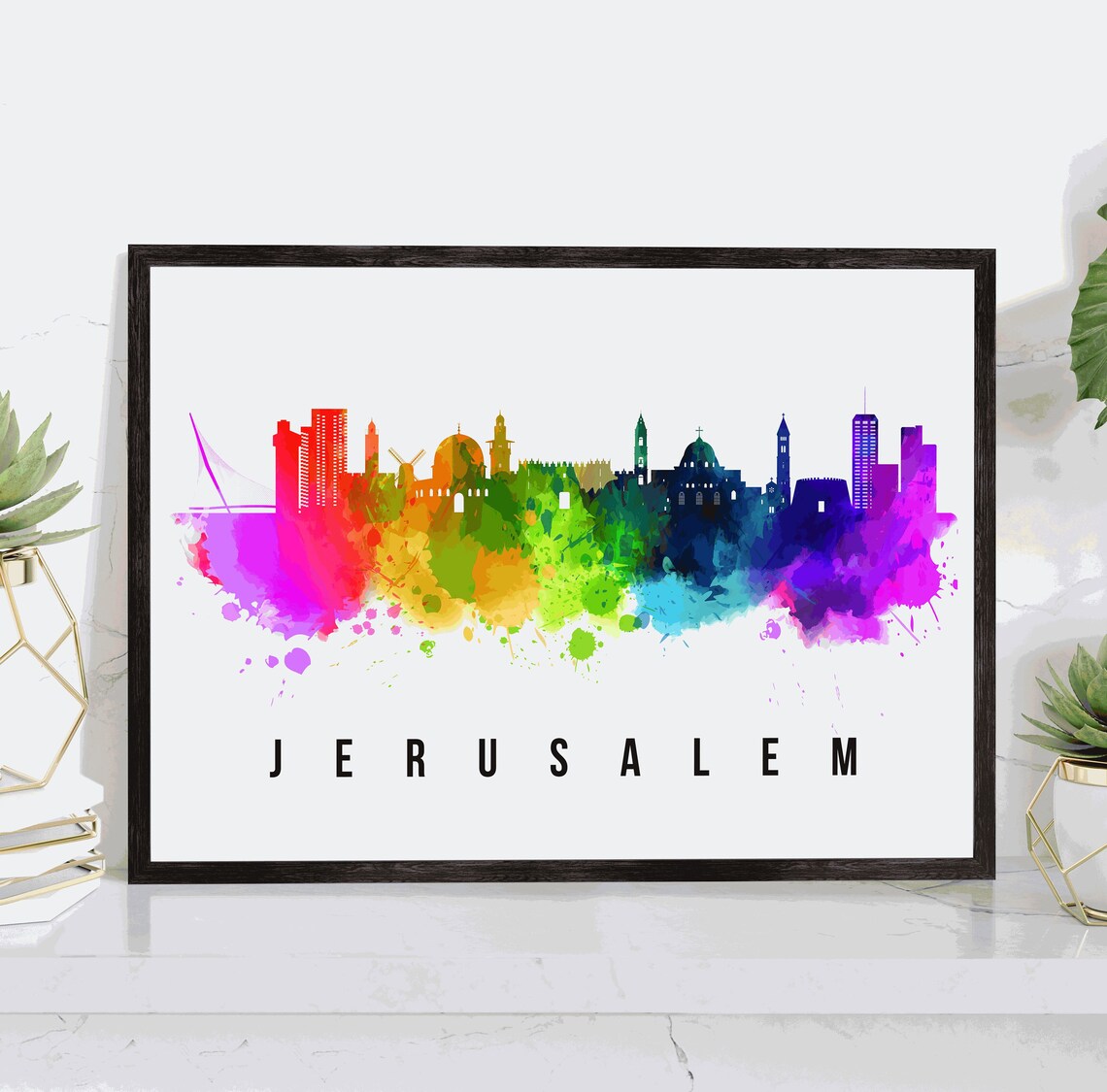 Jerusalem Israel Old City Watercolor Skyline Landmark Poster