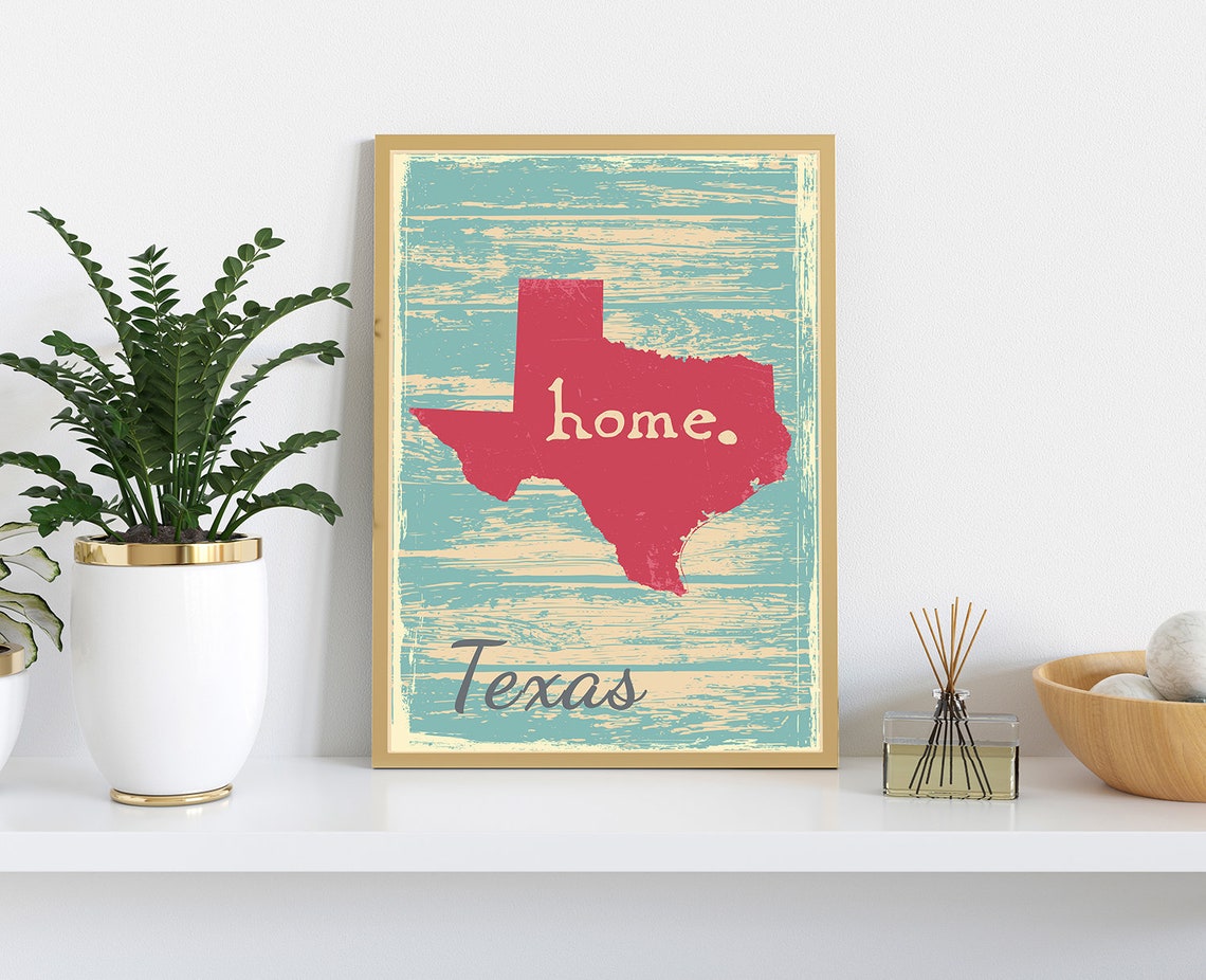 Texas Home State Silhouette Rustic Teal Coral Map Wall Poster - Image 3