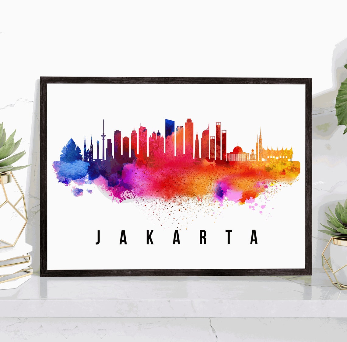 Jakarta Indonesia Rainbow Watercolor Skyline Cityscape Modern Poster