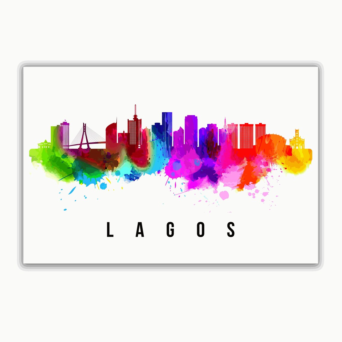 Lagos Nigeria Rainbow Watercolor Splash Skyline City Travel Poster - Image 4