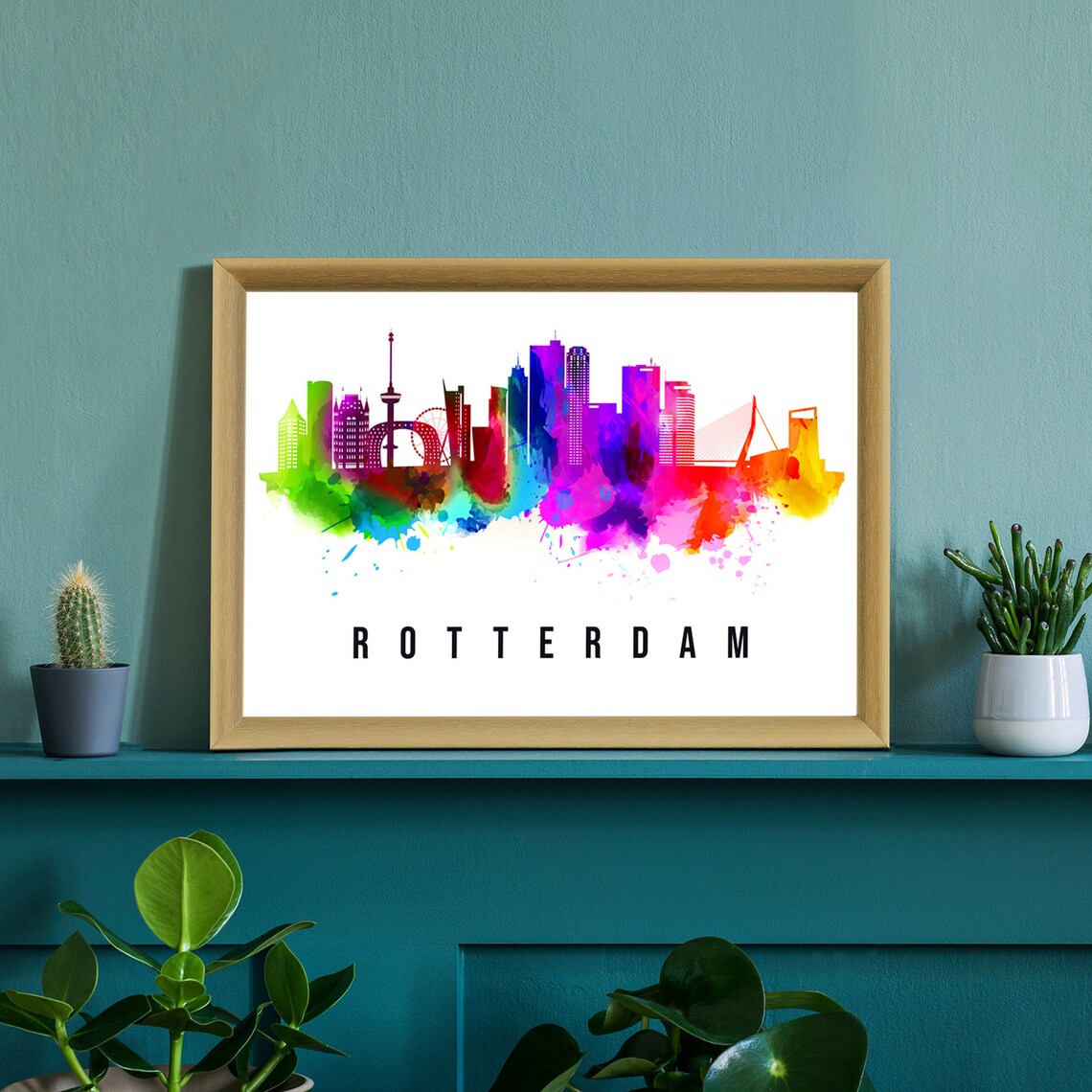 Rotterdam Netherlands Watercolor Skyline Illustration Euromast Bridge Travel Poster - Image 2