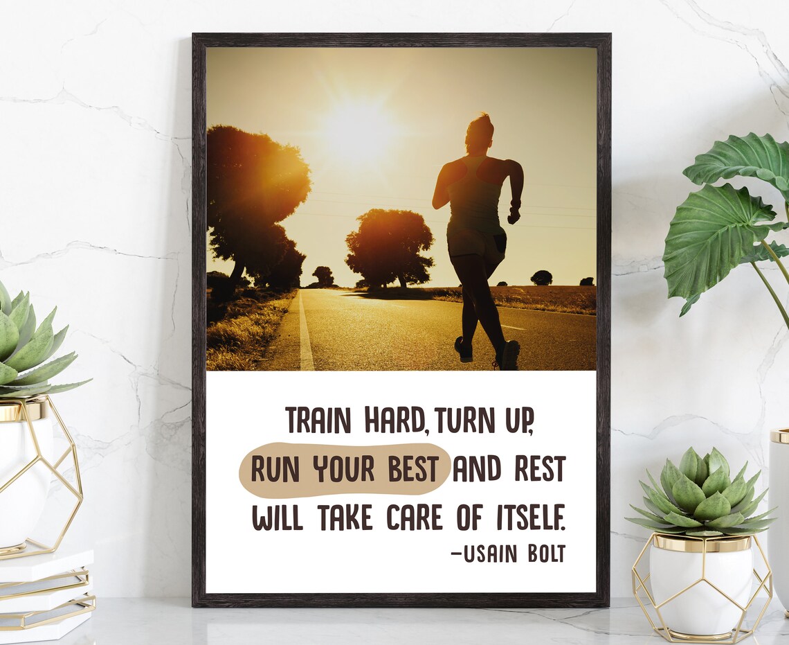 Usain Bolt Train Hard Sunrise Runner Motivational Fitness Quote Poster