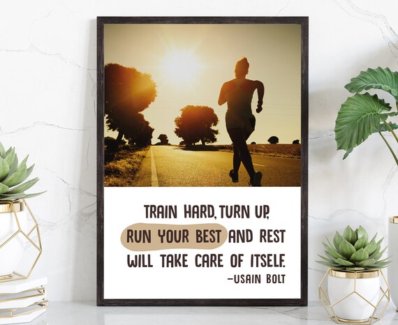 Usain Bolt Train Hard Sunrise Runner Motivational Fitness Quote Poster