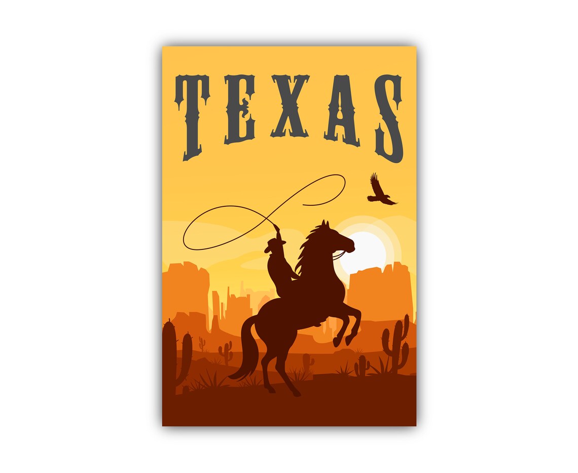 Texas Cowboy Sunset Retro Vintage Western Desert Travel Wall Poster - Image 2
