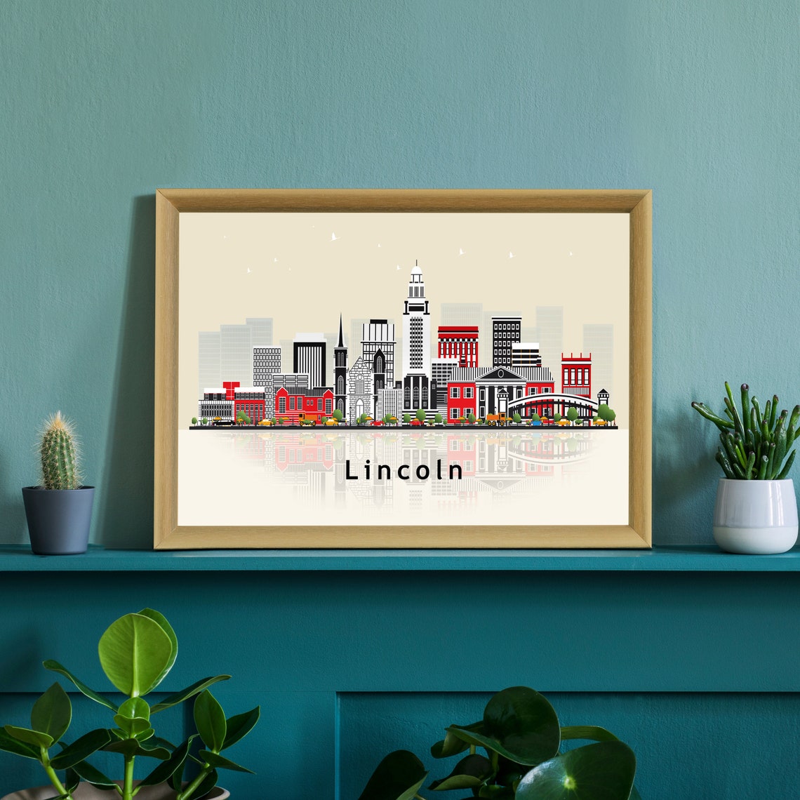 Lincoln Nebraska City Skyline Reflection Modern Travel Poster - Image 2