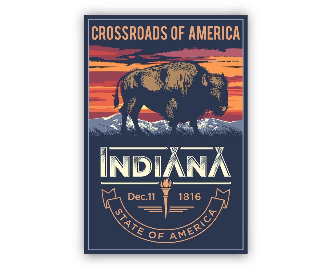 Indiana Crossroads Of America Retro Bison Sunset State Emblem Poster - Image 2