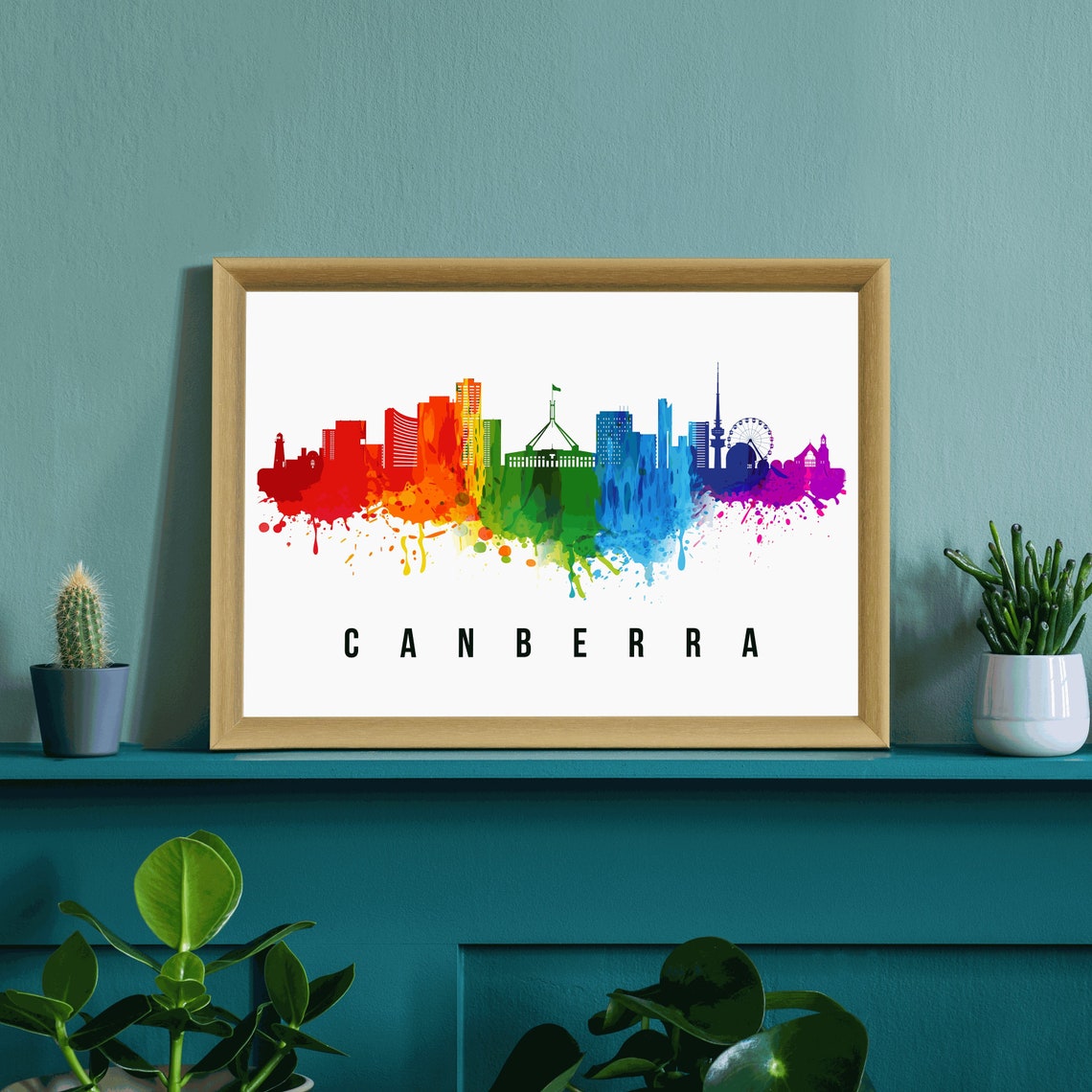 Canberra Australia Rainbow Watercolor Splash Skyline City Poster - Image 3