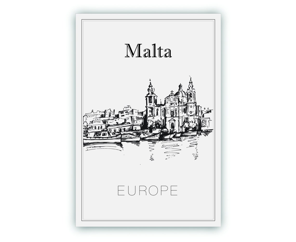 Malta Europe Domed Church Harbor Waterfront Hand Drawn Travel Poster - Image 2