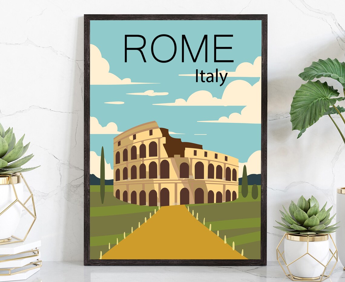 Italy Rome Colosseum Ancient Ruins Vintage Cityscape Travel Poster