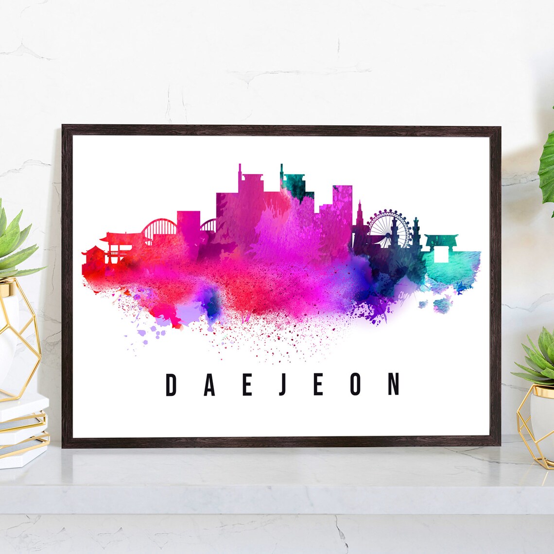 Daejeon South Korea Watercolor Magenta Skyline Cityscape Splash Poster