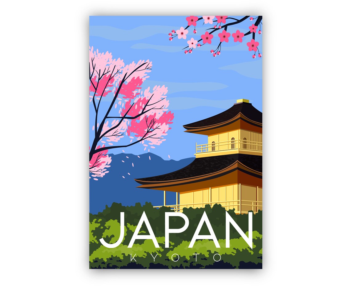 Kyoto Japan Golden Pavilion Temple Cherry Blossom Spring Travel Poster - Image 2