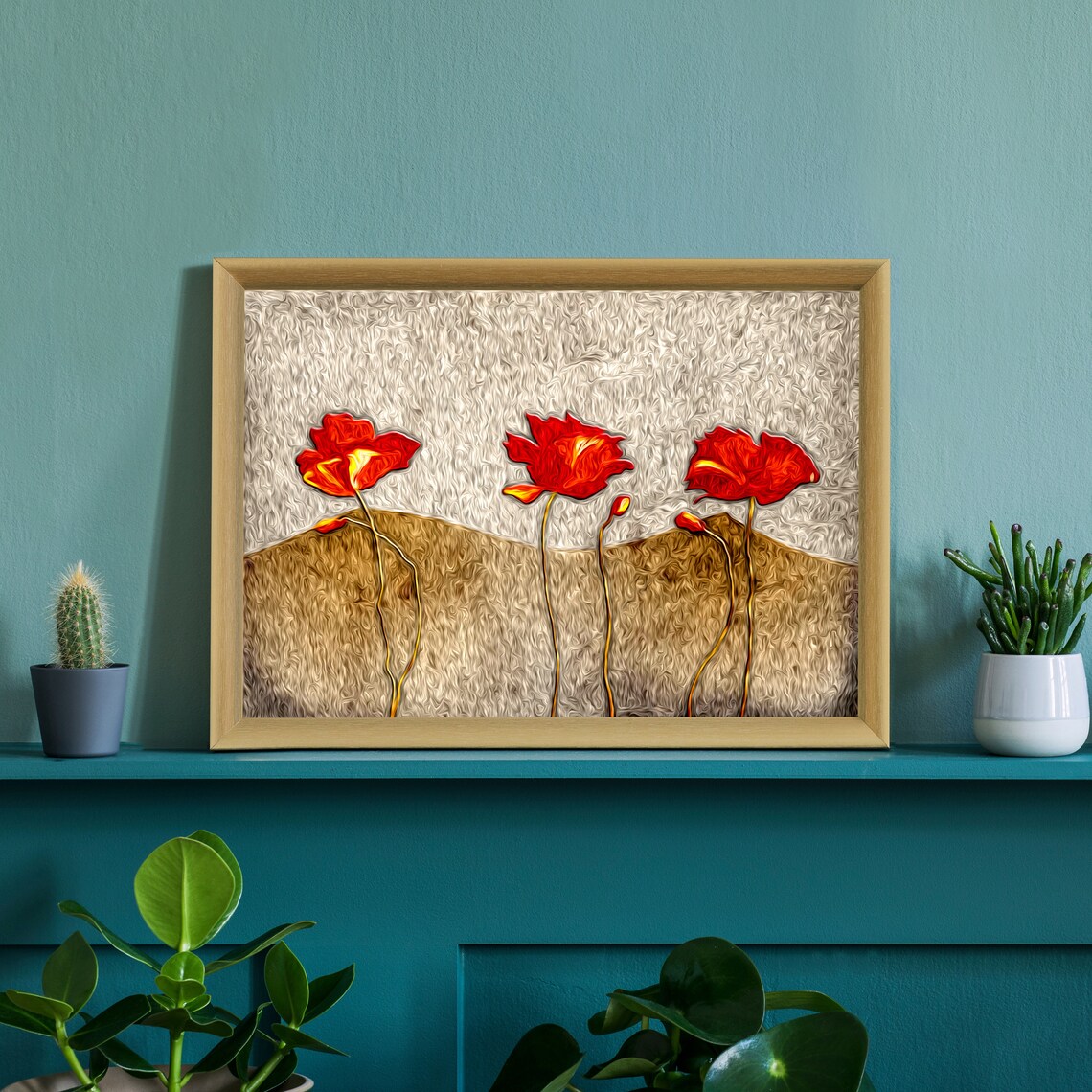 Three Red Poppies Textured Gold Background Floral Art Poster - Image 2