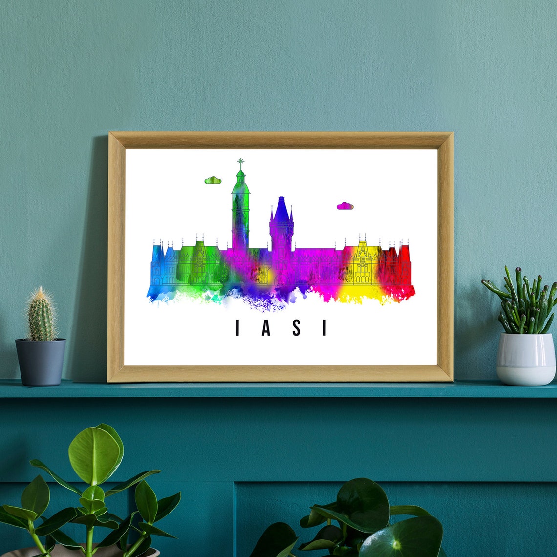 Iasi Romania Rainbow Watercolor Skyline Historic Churches Poster - Image 2