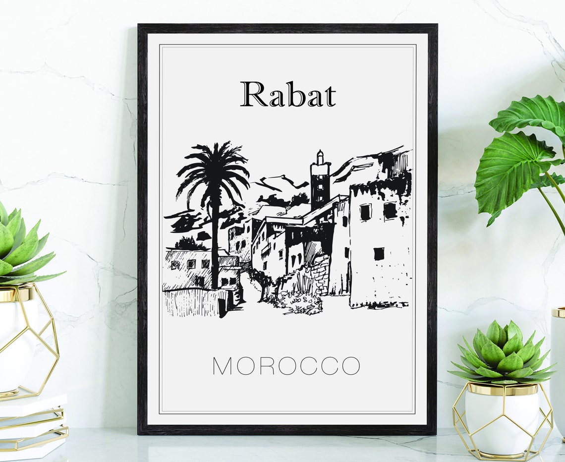 Rabat Morocco Old Town Palm Sketch Minimalist Line Art Travel Poster