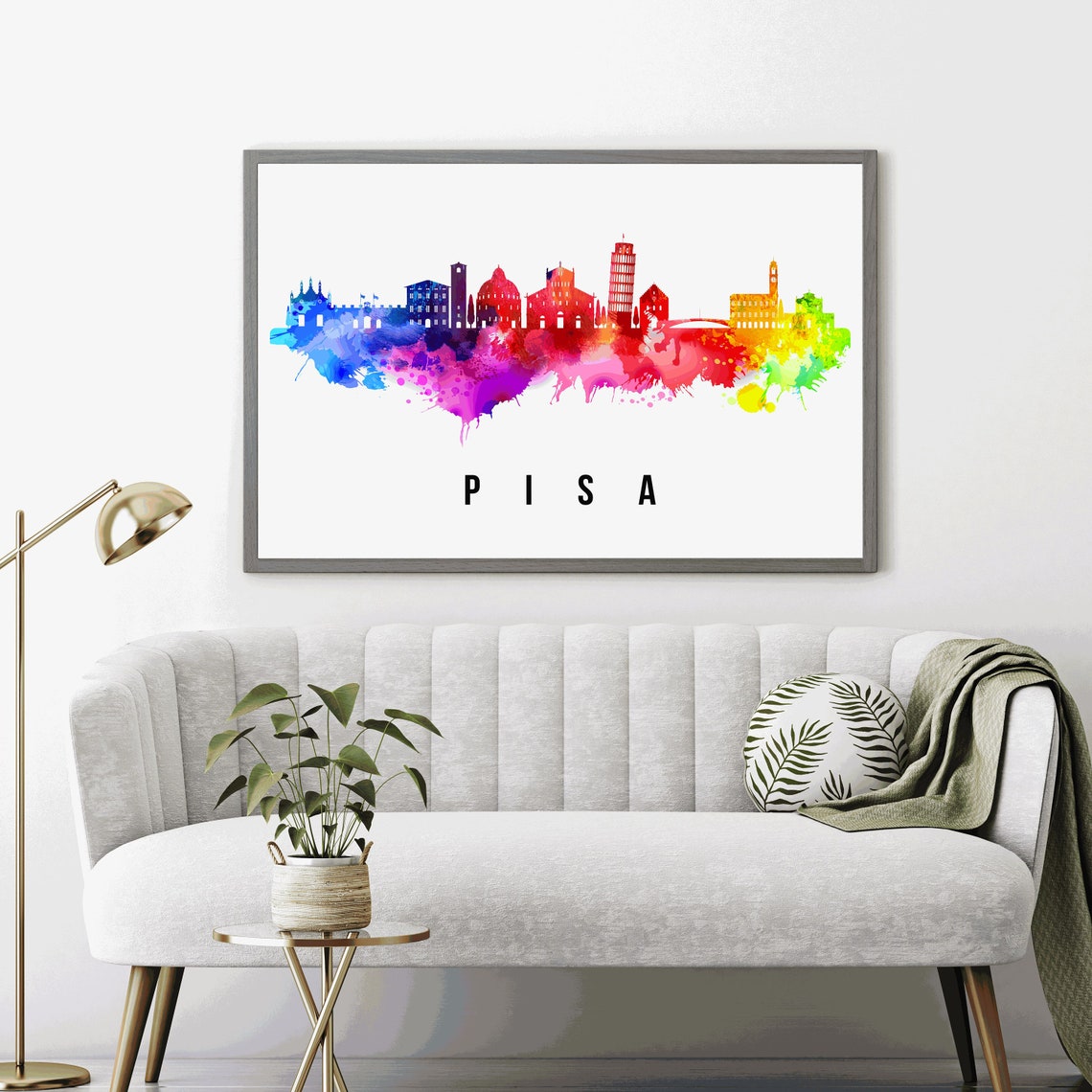 Pisa Italy Rainbow Watercolor Leaning Tower Skyline Silhouette Poster - Image 4