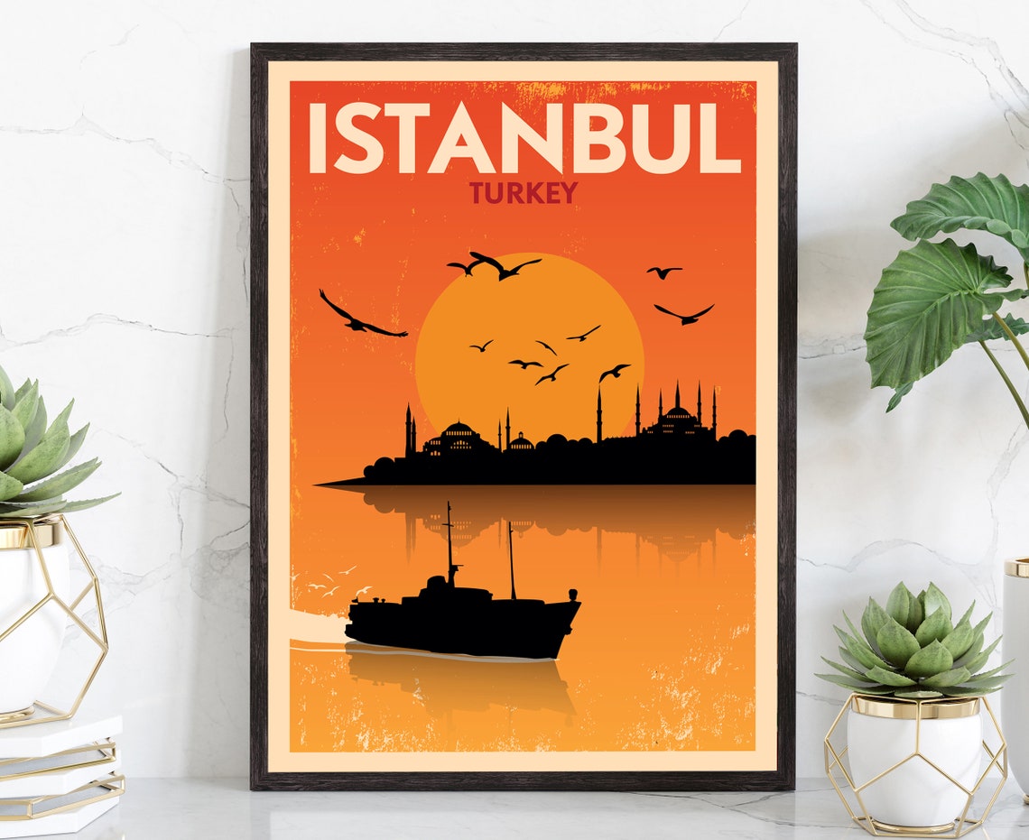 Istanbul Turkey Sunset Mosques Vintage Orange Retro Travel Poster