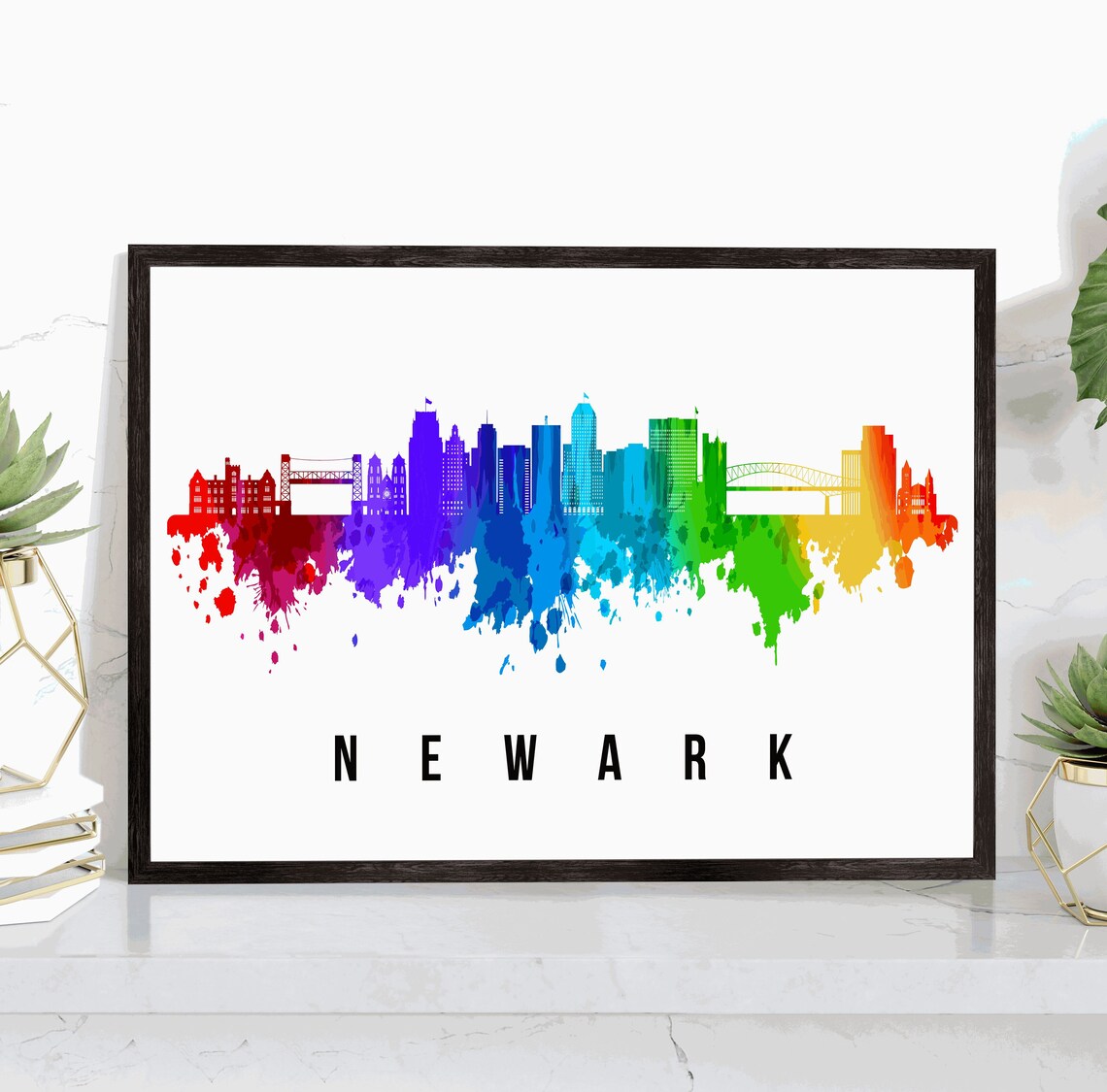 Newark New Jersey Rainbow Watercolor Skyline City Travel Poster
