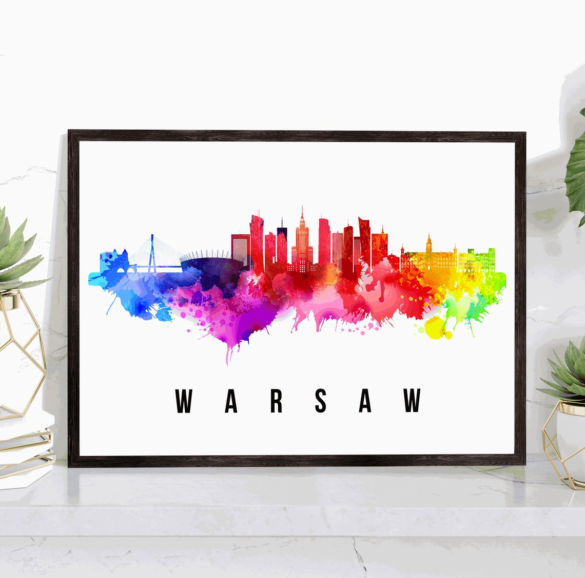 Warsaw Poland Rainbow Watercolor City Skyline Silhouette Art Poster
