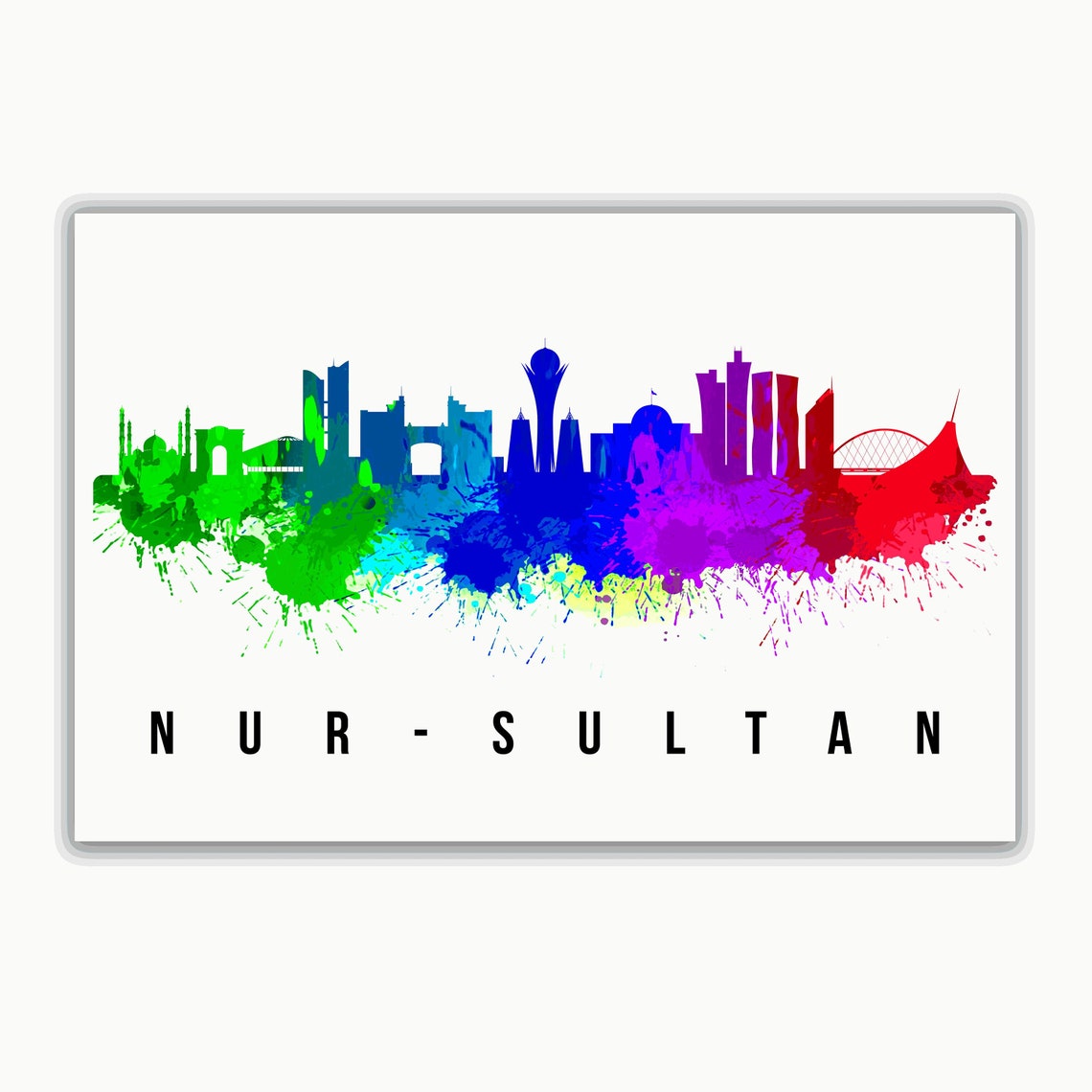 Nur Sultan Kazakhstan Rainbow Watercolor Skyline Travel Poster - Image 2