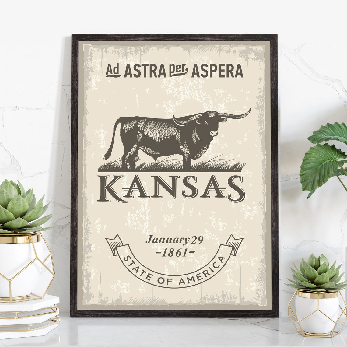 Kansas Ad Astra Per Aspera Longhorn Vintage State Emblem Travel Poster