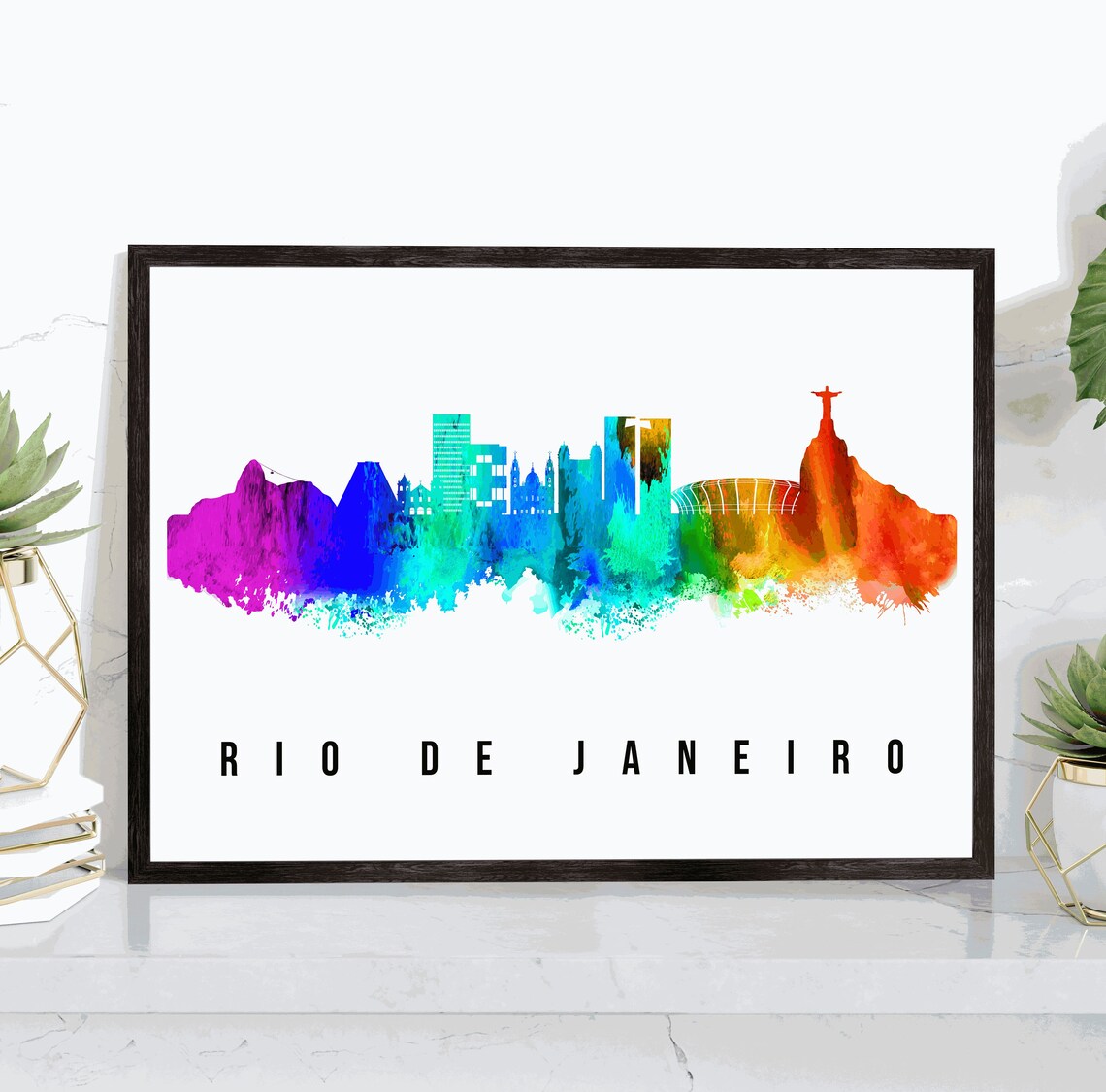 Rio De Janeiro Brazil Rainbow Watercolor Skyline Travel Poster