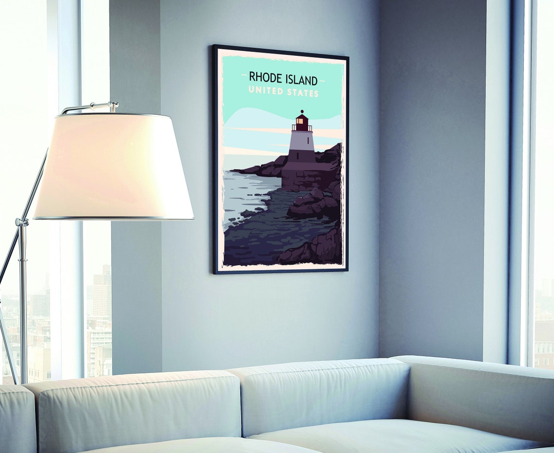 Rhode Island Retro Travel Poster Lighthouse Rocky Coast Scenic Print - Image 4