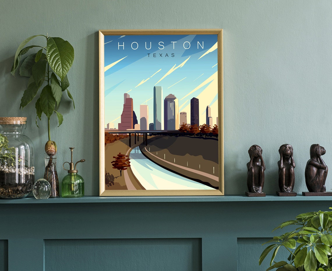 Houston Texas Downtown Freeway Retro Vector Art Style Travel Poster - Image 3