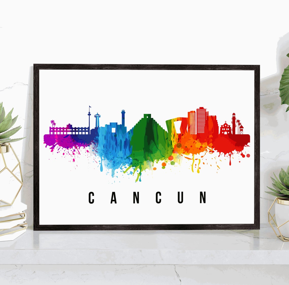 Cancun Mexico Rainbow Watercolor Skyline Beach Cityscape Travel Poster