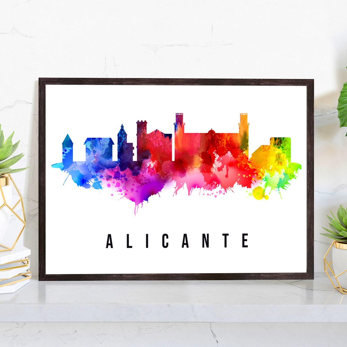 Alicante Spain Rainbow Watercolor Skyline Coastal Cityscape Art Poster