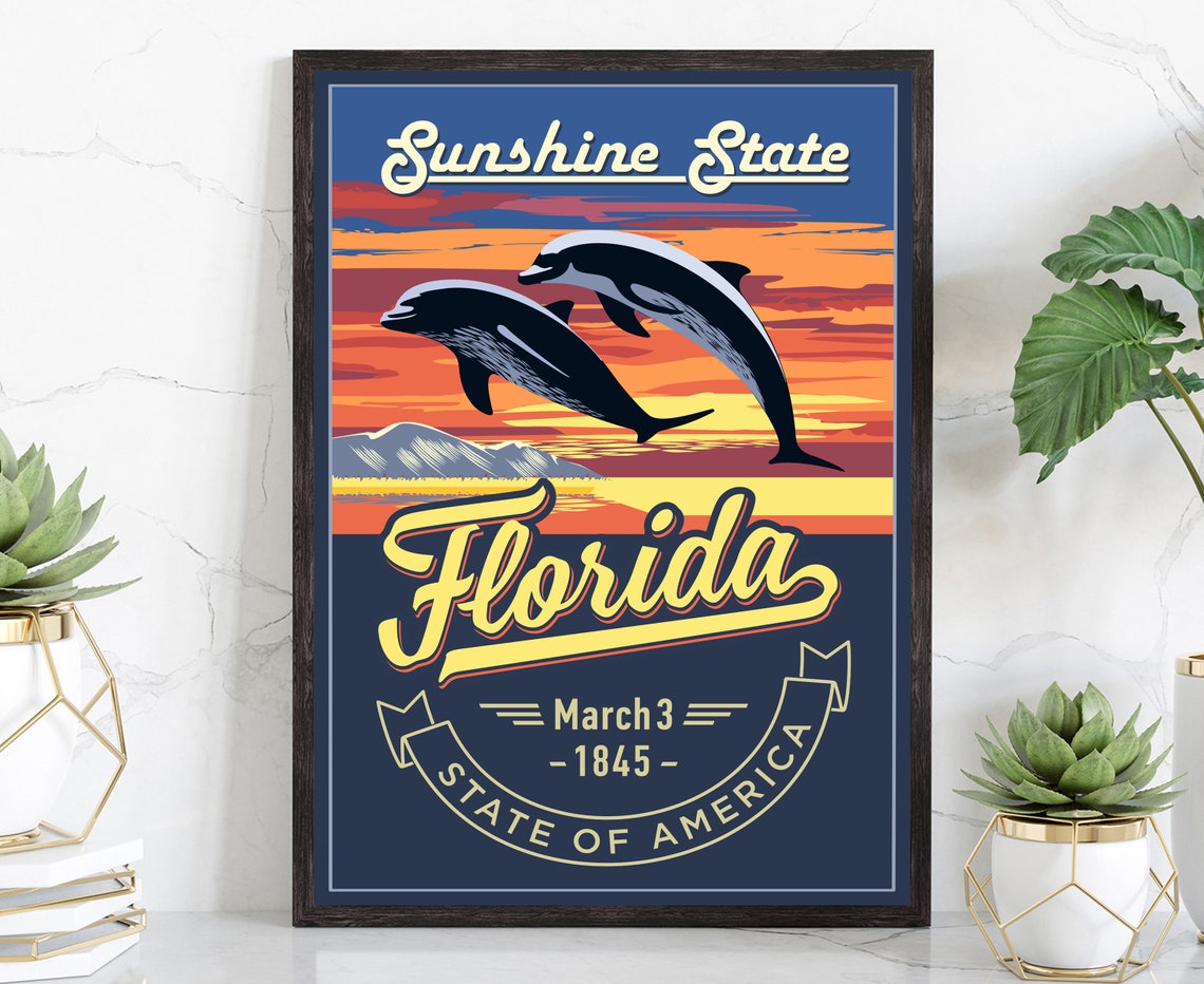 Florida State Emblem Retro Dolphins Sunshine State Travel Poster