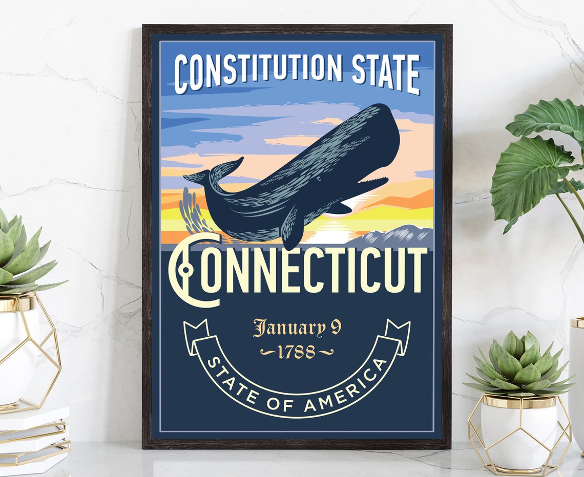 Connecticut Constitution State Whale Sunset Retro Emblem Travel Poster