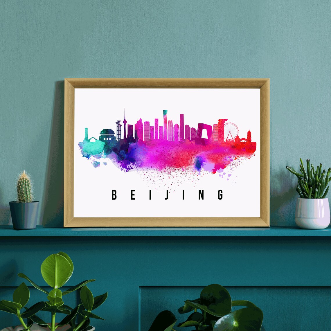 Beijing China Watercolor Splash Skyline Modern Tower City Poster - Image 3