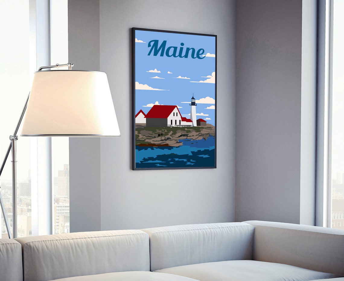 Maine Lighthouse Red Roof Rocky Coast Retro Seaside Travel Poster - Image 4