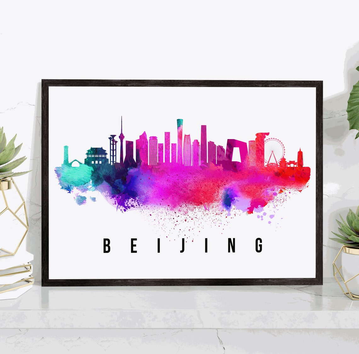 Beijing China Watercolor Splash Skyline Modern Tower City Poster