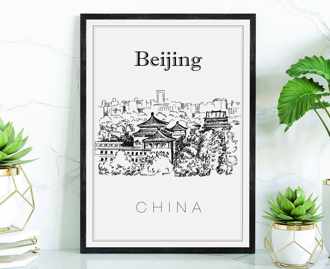 Beijing China Traditional Pagoda Roofs City View Hand Sketch Poster