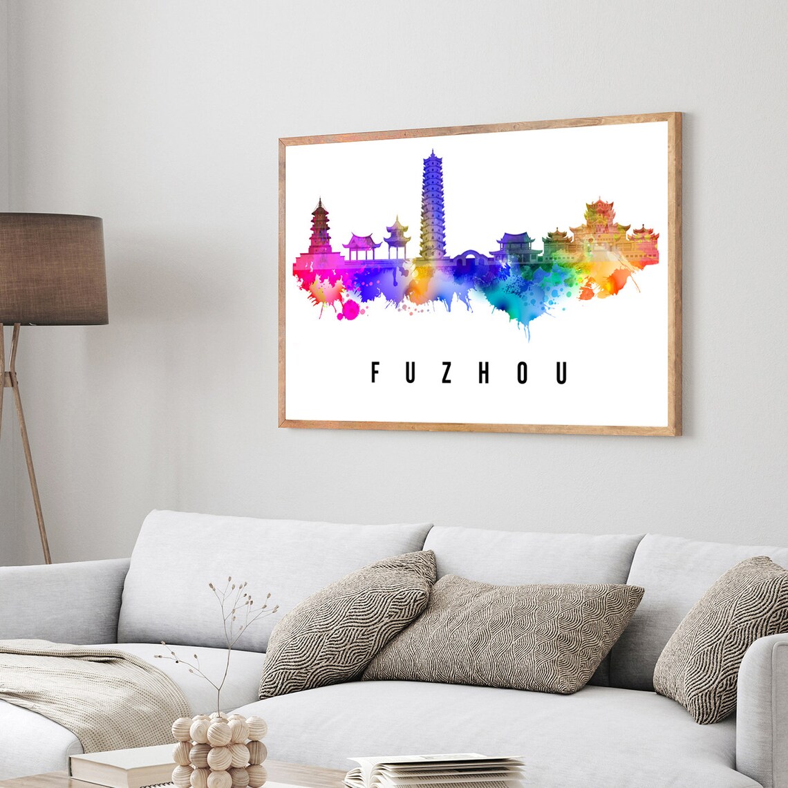 Fuzhou China Rainbow Watercolor Pagoda Skyline Cityscape Art Poster - Image 3