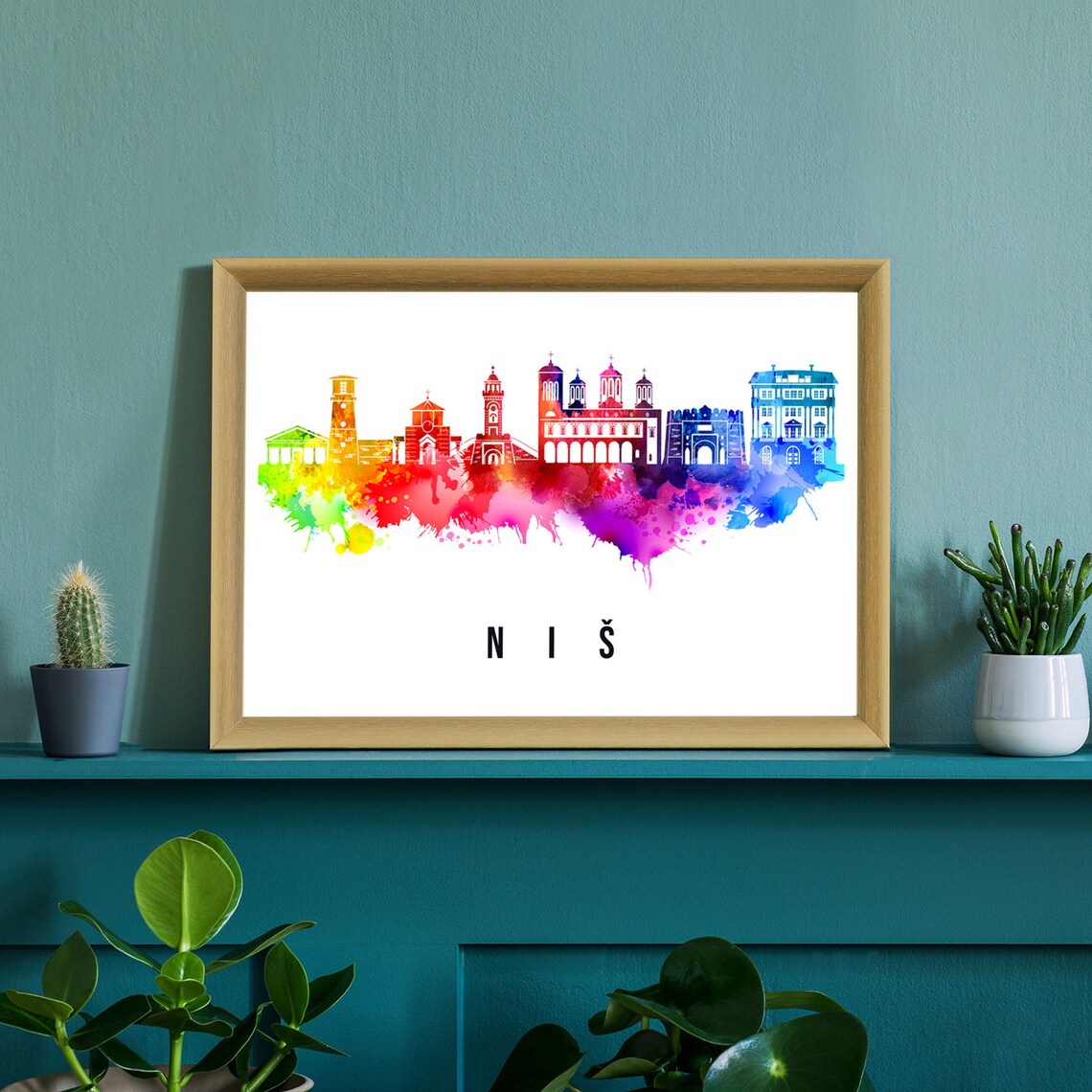 Nis Serbia Watercolor Rainbow Skyline Landmark Cityscape Art Poster - Image 2
