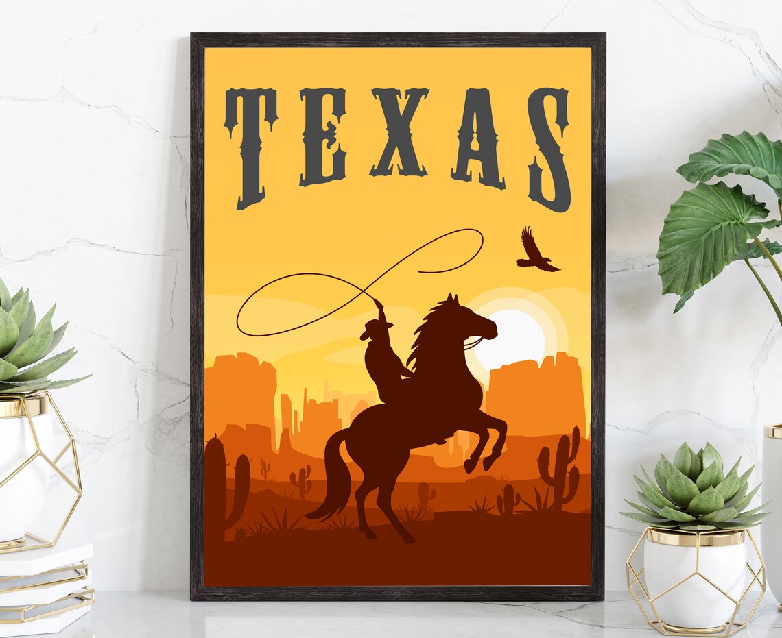 Texas Cowboy Sunset Retro Vintage Western Desert Travel Wall Poster
