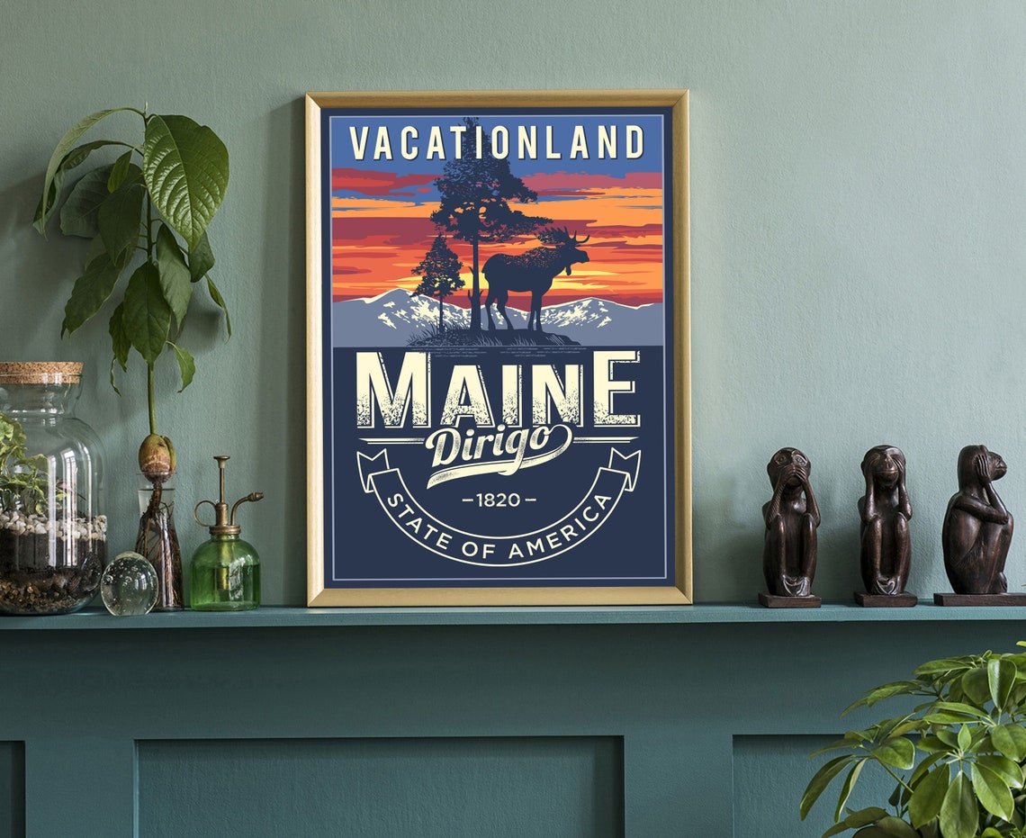 Maine Vacationland Moose Sunset Retro Dirigo State Travel Poster - Image 3