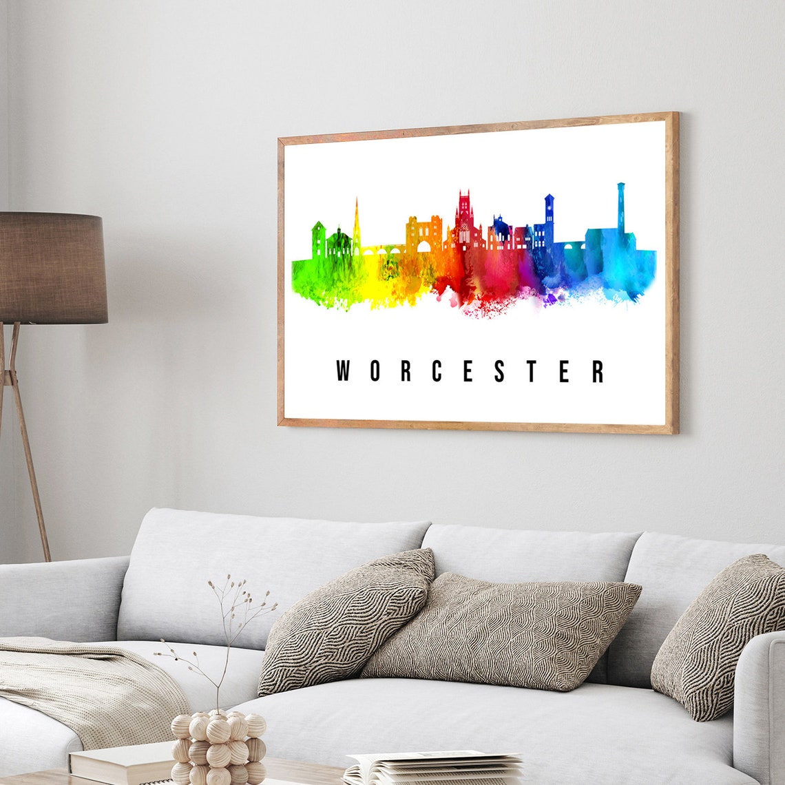 Worcester England Rainbow Watercolor Skyline Cityscape Poster - Image 4