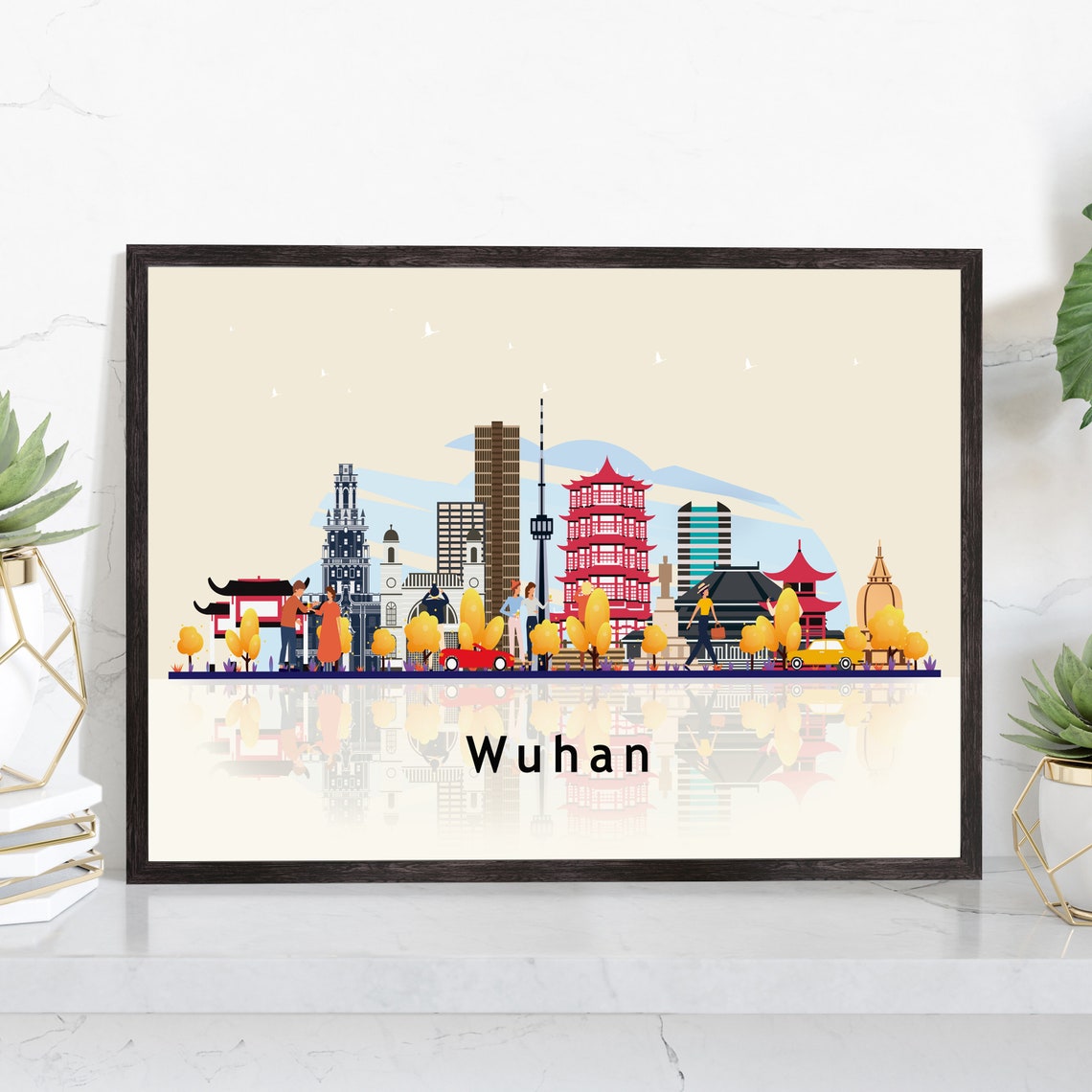 Wuhan China Yellow Crane Tower Flat Vector Skyline Travel Poster Print